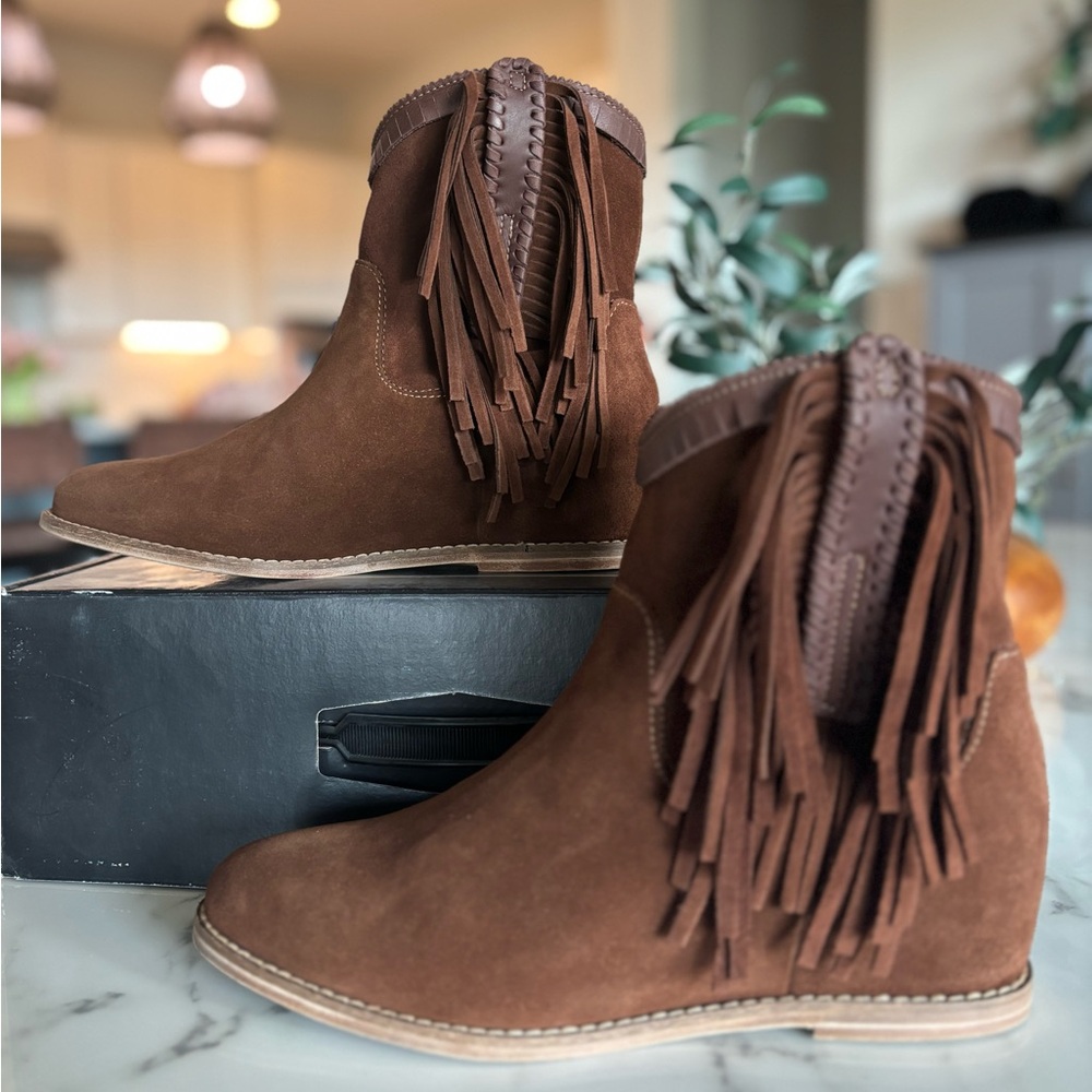 Lucchese Hidden Wedge Brown Suede Fringe Booties - Picture 3 of 11